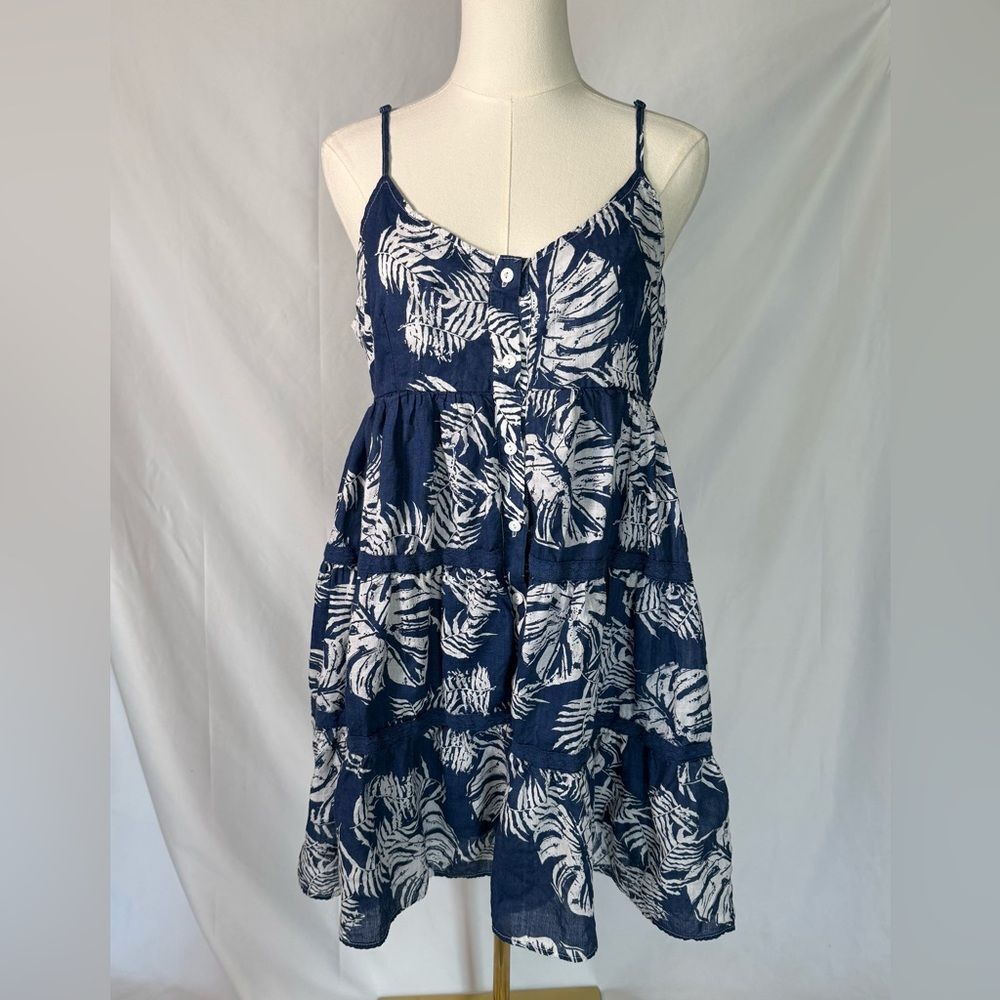 Paper Crane Cotton Blend Mini Dress Navy/White Tropical Monstera Print Dress